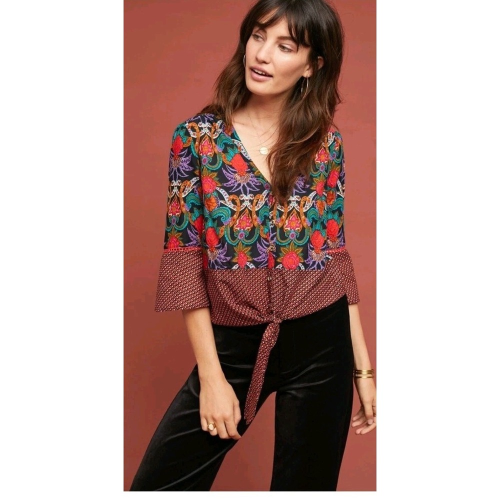 Maeve Anthropologie Carter Floral Blouse Tie Front Bell Sleeve Multi Size 12